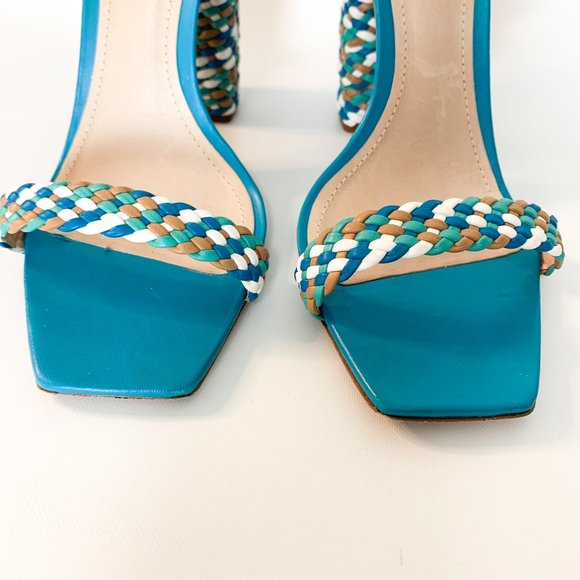 SCHUTZ blue braided block heel square toe sandal ankle wrap 38 - Picture 4 of 9